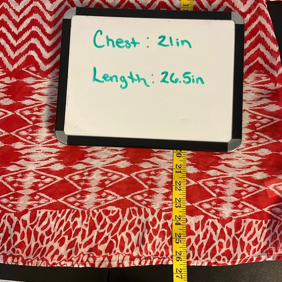 Umgee Red and White Geometric Print Sheer Bell Sleeve Blouse Size L - Picture 9 of 9